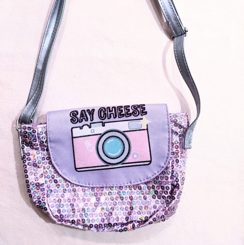 Kids Lilac Sequins "Say Cheese" Purse, Adjustable Strap 8.5" x 5.5" x 2"